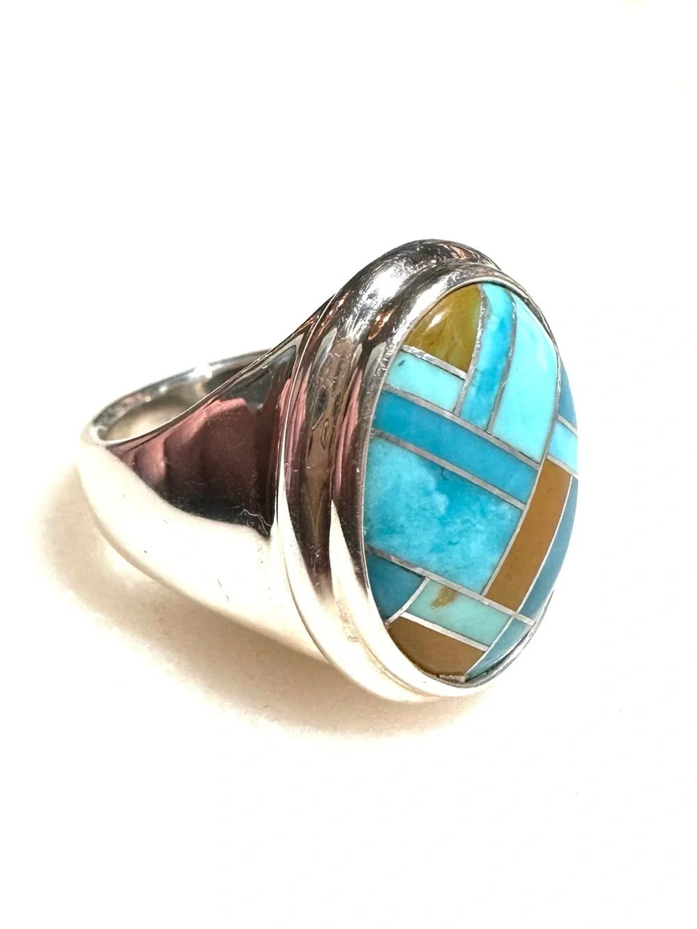 Carolyn Pollack Geometric Blue Turquoise & Jasper Inlay Sterling Silver Ring
